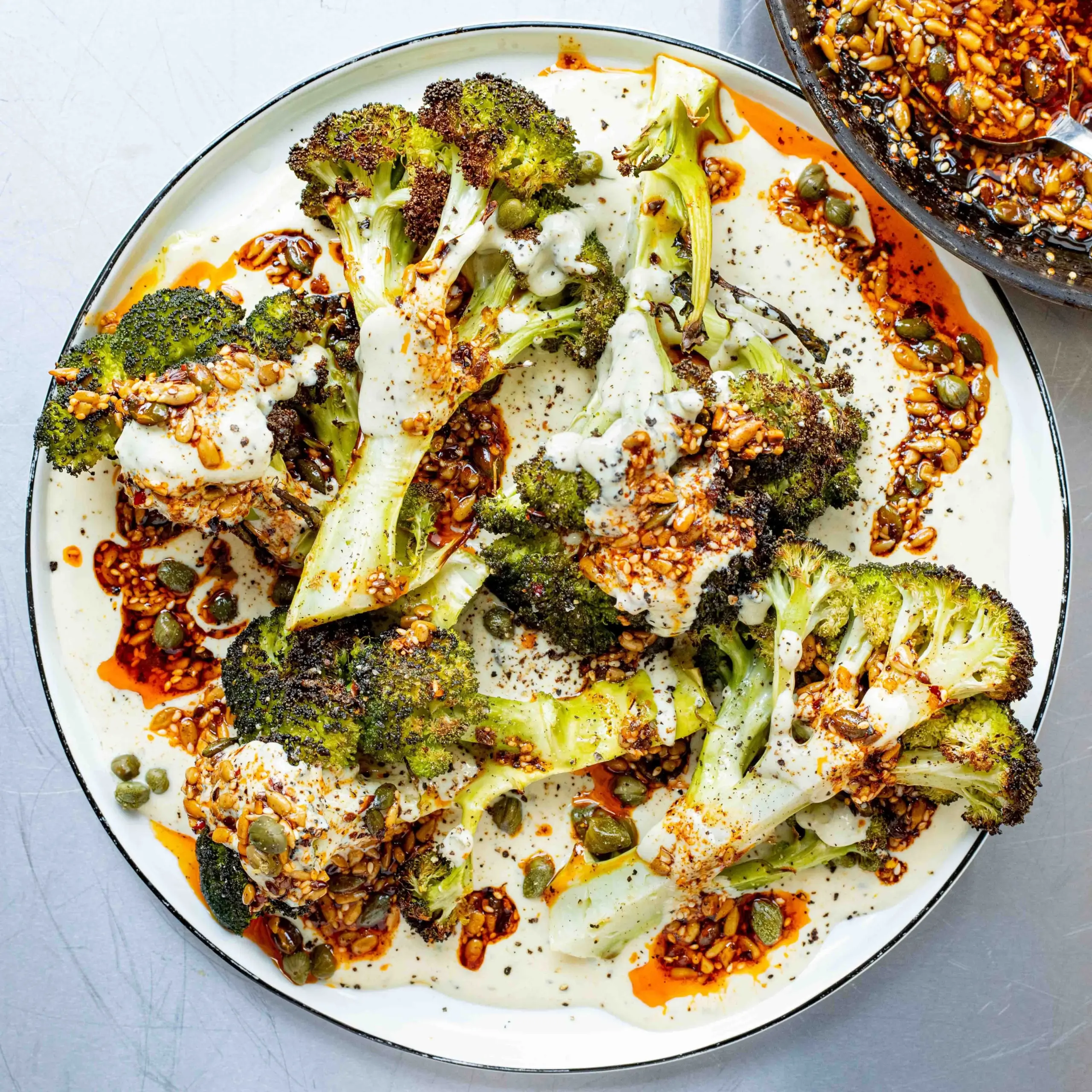 Caesar-ish Roasted Broccoli with Seedy Drizzle