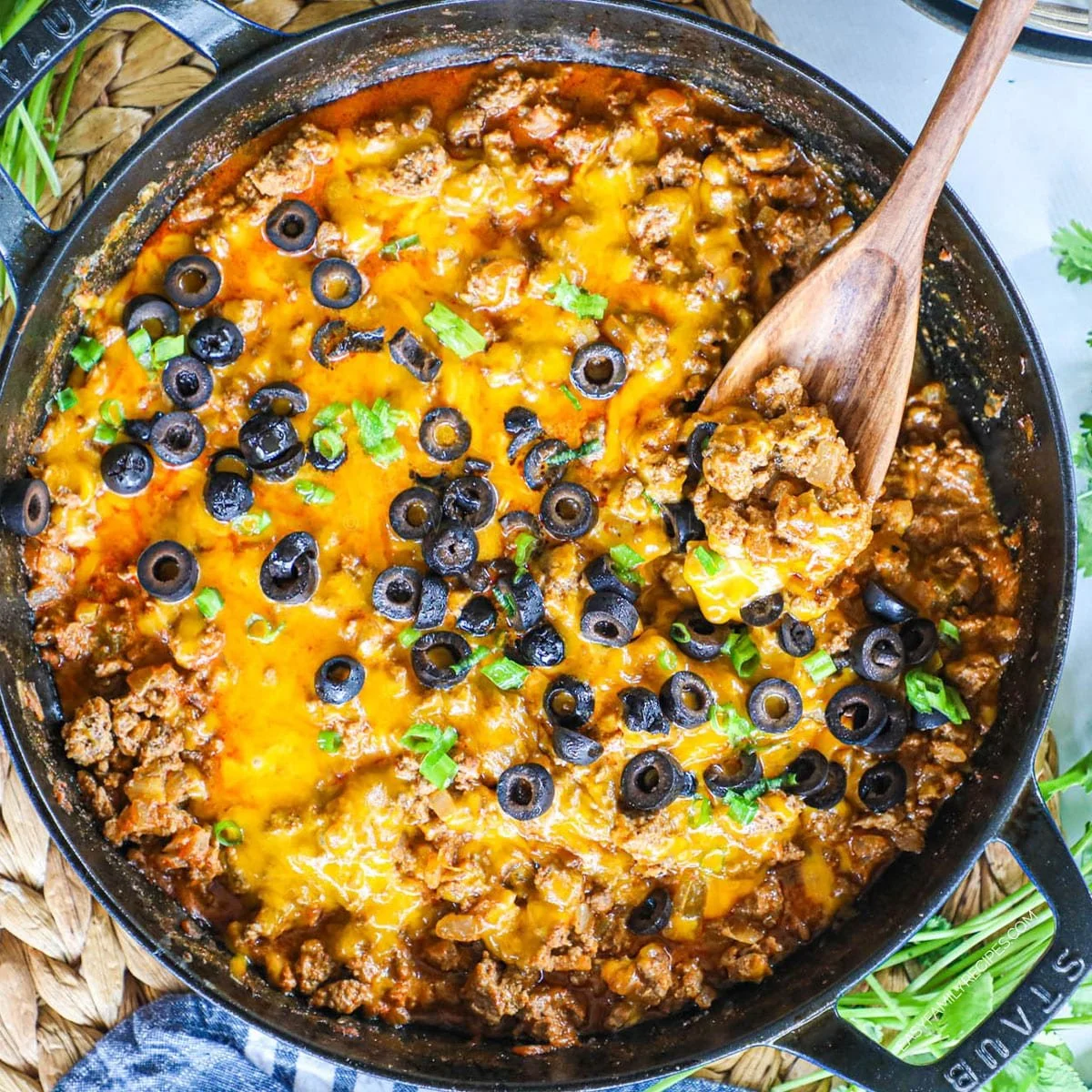 Cheesy Ground Beef Enchilada Skillet