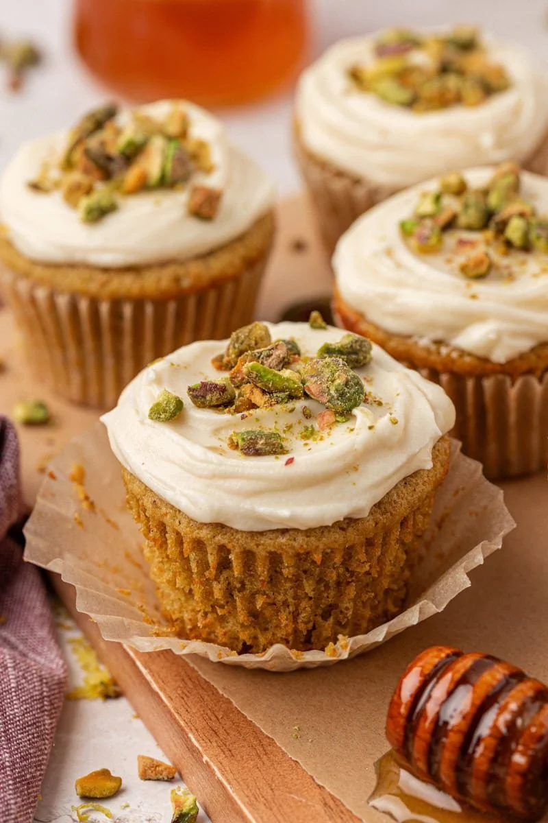 Pistachio Cupcakes with Honey Cream Cheese