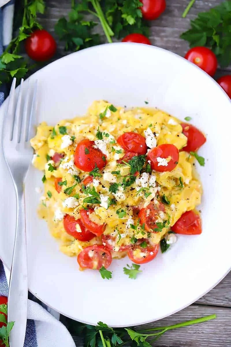 Tomato Feta Olive Oil Scrambled Eggs